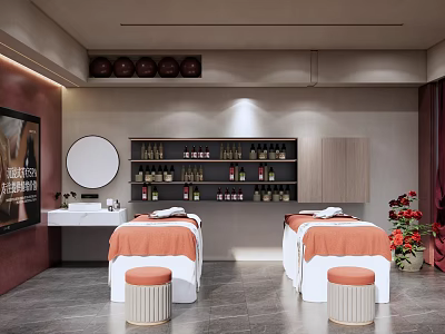 Serene SPA Treatment Room With Massage Beds Orange Linens And Skincare Product Shelves 3d model