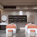 Serene SPA Treatment Room With Massage Beds Orange Linens And Skincare Product Shelves