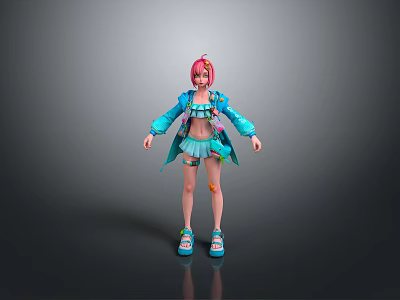 Child With Pink Hair In Stylish Blue Jacket And Short Skirt Outfit 3d model