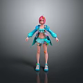 Child With Pink Hair In Stylish Blue Jacket And Short Skirt Outfit