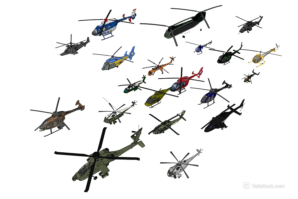 Various Types of Helicopters with Different Colors and Models Collection 3d model 