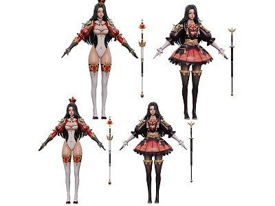 Game Movie Female Characters In Elegant Ornate Costumes With Staff 3d model