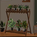 Two Tier Wooden Flower Stand with Potted Flowers and Green Plants for Indoor Home Decoration