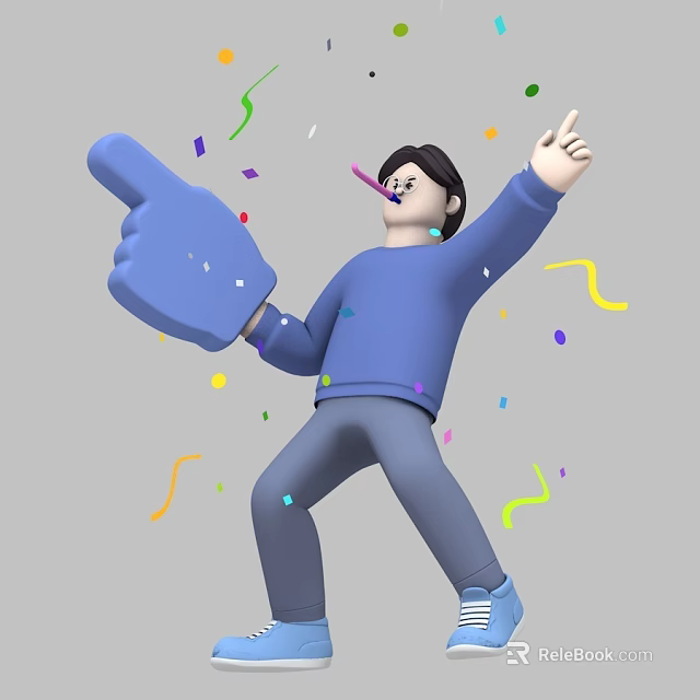 Man Celebrating In Blue Sweater And Gray Pants With Large Thumbs Up Sign And Confetti 3d model 