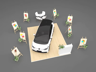 White Car Display with Easels Colorful Paintings Green Plants and Reception Desk 3d model