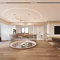 Modern Living Dining Room Interior With Orange Sofa Round Coffee Table Circular Chandelier And Staircase