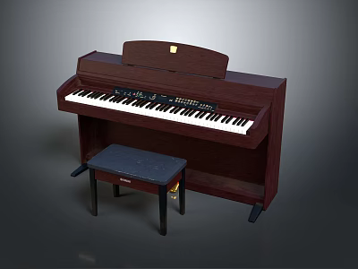 Brown Wooden Upright Piano With Black Stool And Keyboard Control Panel 3d model
