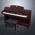 Brown Wooden Upright Piano With Black Stool And Keyboard Control Panel