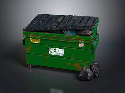 Green Trash Bin With Black Lid Black Trash Bags And Labels 3d model