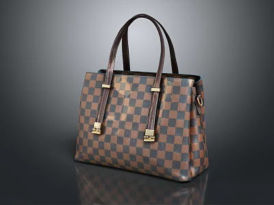 Stylish Brown Checkerboard Pattern Leather Handbag With Golden Metal Buckles And Handles 3d model