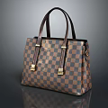 Stylish Brown Checkerboard Pattern Leather Handbag With Golden Metal Buckles And Handles