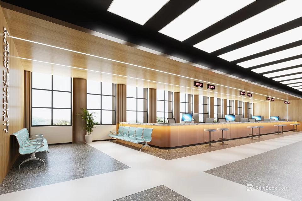 Modern Service Hall Interior With Windows Seating Plants And Counters 3d model 