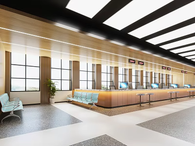Modern Service Hall Interior With Windows Seating Plants And Counters 3d model