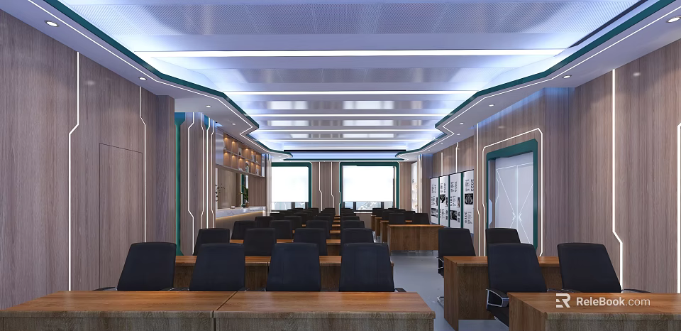 Modern School Classroom With Wooden Desks Black Chairs Bright Windows And Ceiling Lights 3d model 
