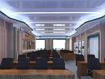Modern School Classroom With Wooden Desks Black Chairs Bright Windows And Ceiling Lights 3d model