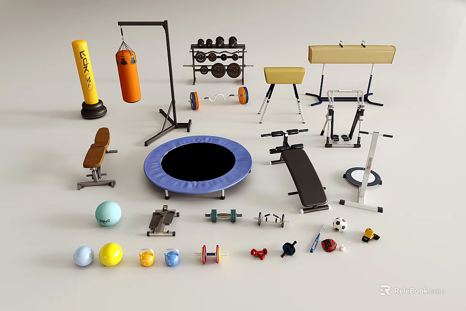 Essential Sports Equipment Collection Including Punching Bag Dumbbells Trampoline Balance Beam And Exercise Balls 3d model 