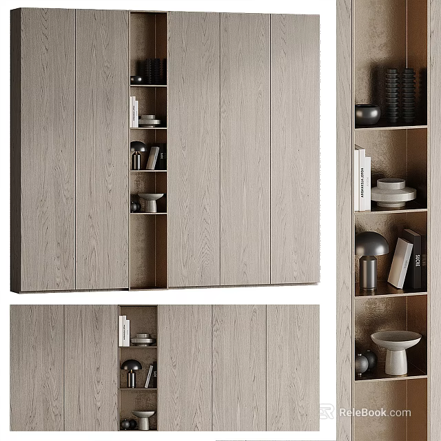 Modern Wooden Bookcase Design With Open Shelves Closed Cabinets And Books 3d model 