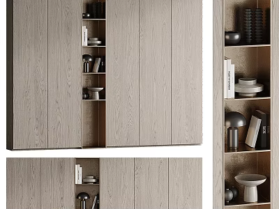Modern Wooden Bookcase Design With Open Shelves Closed Cabinets And Books 3d model