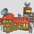 Colorful Cartoon Scene Featuring Yellow Houses Red Roofs Satellite Dishes Tall Tower And Big Eye