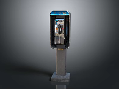 Vintage Public Phone Booth With Blue Top Silver Frame And Interior Phone 3d model