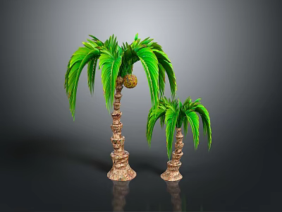 Two Palm Trees of Different Sizes with Green Leaves and Textured Trunks on Dark Ground 3d model