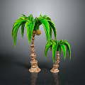 Two Palm Trees of Different Sizes with Green Leaves and Textured Trunks on Dark Ground