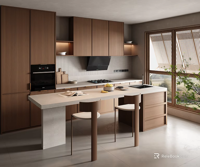 Modern Kitchen Interior With Wooden Cabinets White Countertop Island Bar Stools And Black Appliances 3d model 