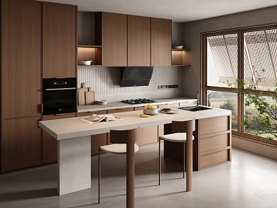 Modern Kitchen Interior With Wooden Cabinets White Countertop Island Bar Stools And Black Appliances 3d model