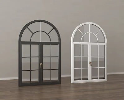 Black and White Arched Top Casement Windows with Glass Panes in Modern Interior 3d model