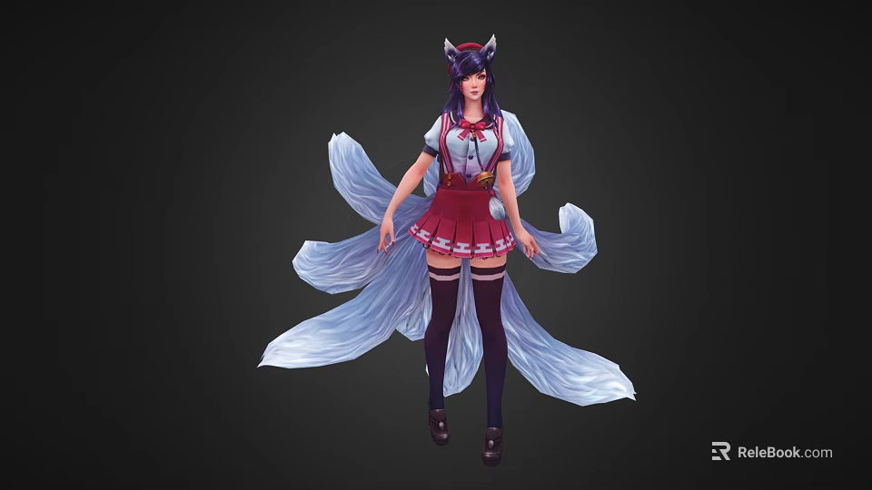 Woman With Fox Ears White Tails Red Skirt White Top And Black Thigh High Socks 3d model 