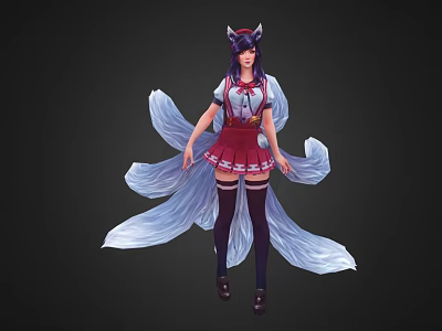 Woman With Fox Ears White Tails Red Skirt White Top And Black Thigh High Socks 3d model
