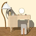 Wooden Dressing Table with Minimalist Design Round Mirror Floor Lamp and Cosmetics Soft Stool