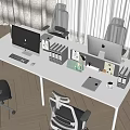 White Home Office Desk Featuring Dual Computers And Modern Office Chairs