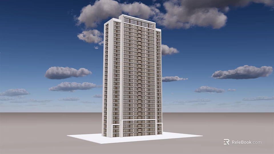 Modern High Rise Tower Exterior View With Blue Sky And Clouds 3d model