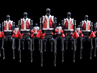 Smart Machines With Multiple Robots Arranged In Row Red White Parts And Black Legs 3d model