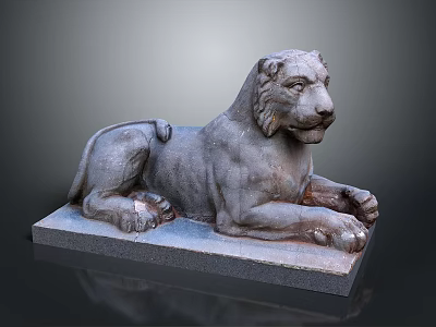Detailed Stone Lion Sculpture Lying On Solid Stone Base With Realistic Facial Features And Claws 3d model