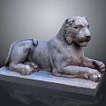 Detailed Stone Lion Sculpture Lying On Solid Stone Base With Realistic Facial Features And Claws