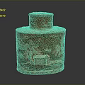 Intricately Carved Brown Container With Landscape Scenery Buildings Detailed Lid And Traditional Artwork