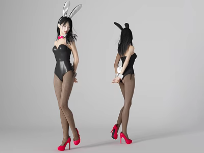 Woman in Black Bodysuit with Bunny Ears and Red High Heels Front Back View 3d model