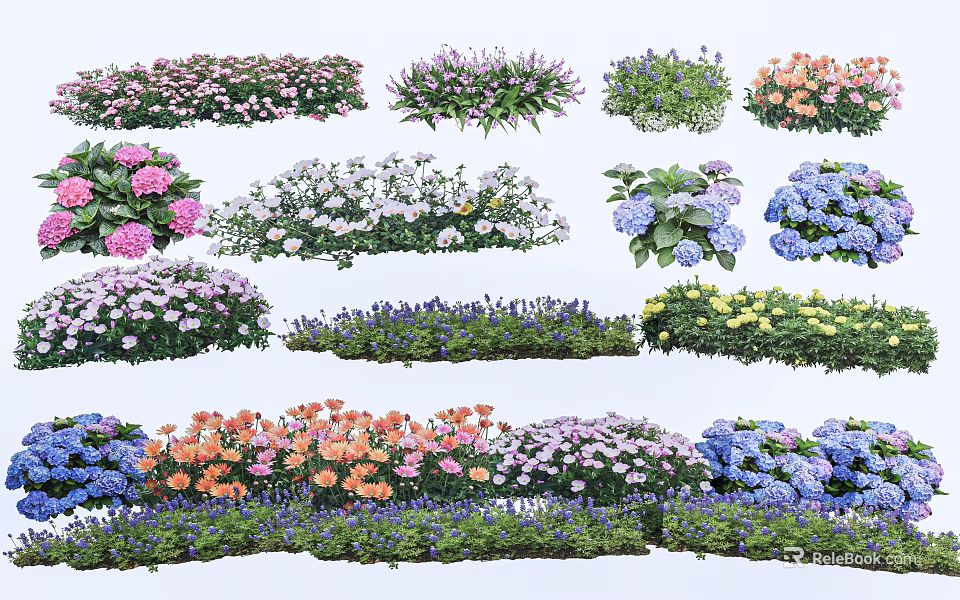 Pink White Purple Blue and Orange Flowers in Garden Plant 3d model 