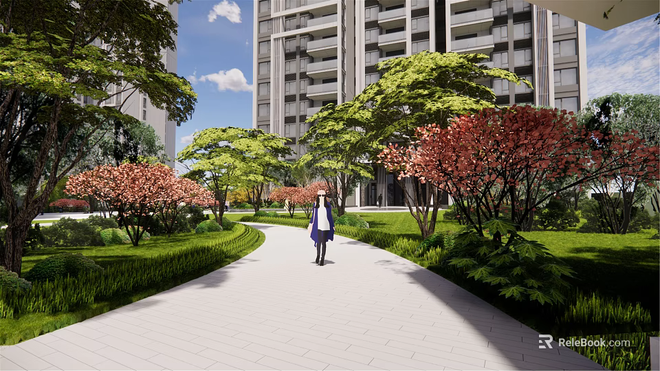 Beautiful Residential Landscape With High Rise Building Tree Lined Pathway Pink Flowers And Lawn 3d model 