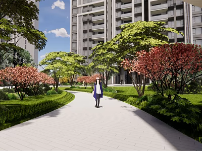Beautiful Residential Landscape With High Rise Building Tree Lined Pathway Pink Flowers And Lawn 3d model