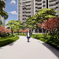 Beautiful Residential Landscape With High Rise Building Tree Lined Pathway Pink Flowers And Lawn