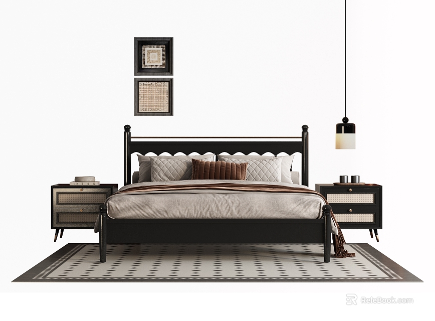 Double Bed With Black Frame Nightstands Framed Wall Art And Hanging Lamp On Geometric Rug 3d model 