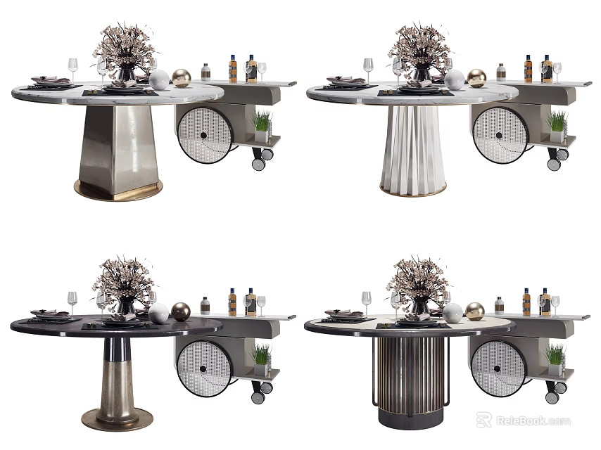 Modern Dining Table Design With Decorative Centerpiece And Wheeled Side Cart With Bottles 3d model 