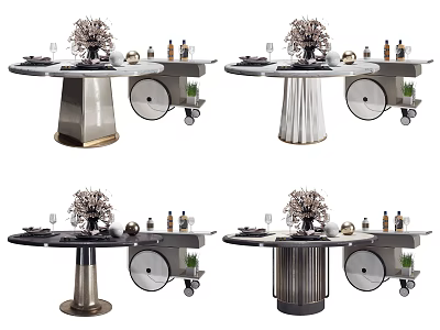 Modern Dining Table Design With Decorative Centerpiece And Wheeled Side Cart With Bottles 3d model
