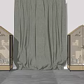 Wooden Display Cabinets With Glass Doors And Small Decorations On Dark Curtain Background