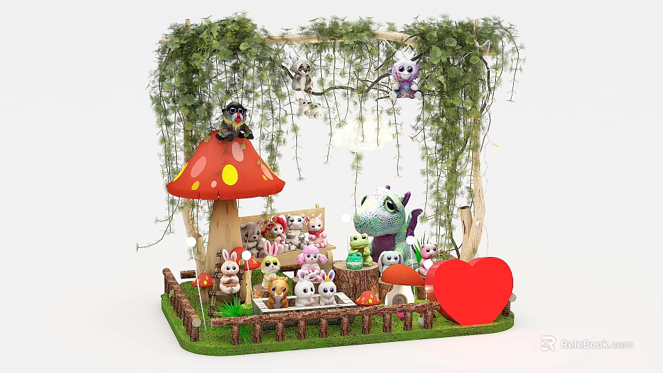 Enchanted Forest Themed Stuffed Toy Display With Red Mushroom Vines And Heart 3d model 