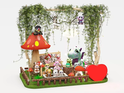 Enchanted Forest Themed Stuffed Toy Display With Red Mushroom Vines And Heart 3d model