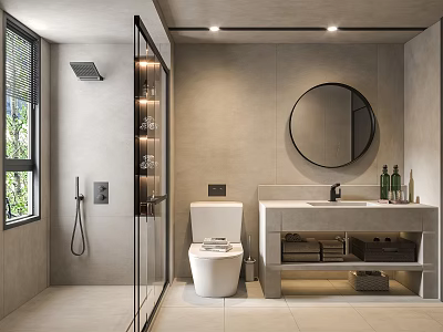 Modern Bathroom Interior With Glass Shower Round Mirror White Toilet And Vanity Sink 3d model
